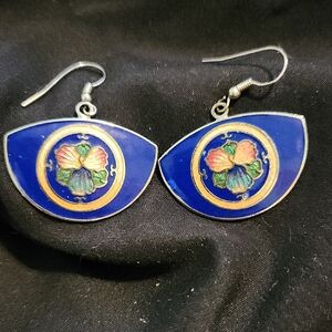 Vintage Cloisonne Blue and Gold Floral Earrings